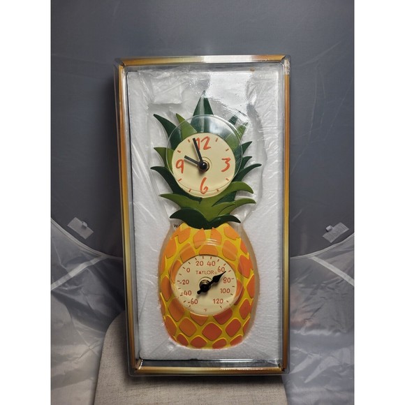 Pineapple Poly Resin Indoor and Outdoor Clock and Thermometer, 12 Inch, Multi-Co - Picture 1 of 3
